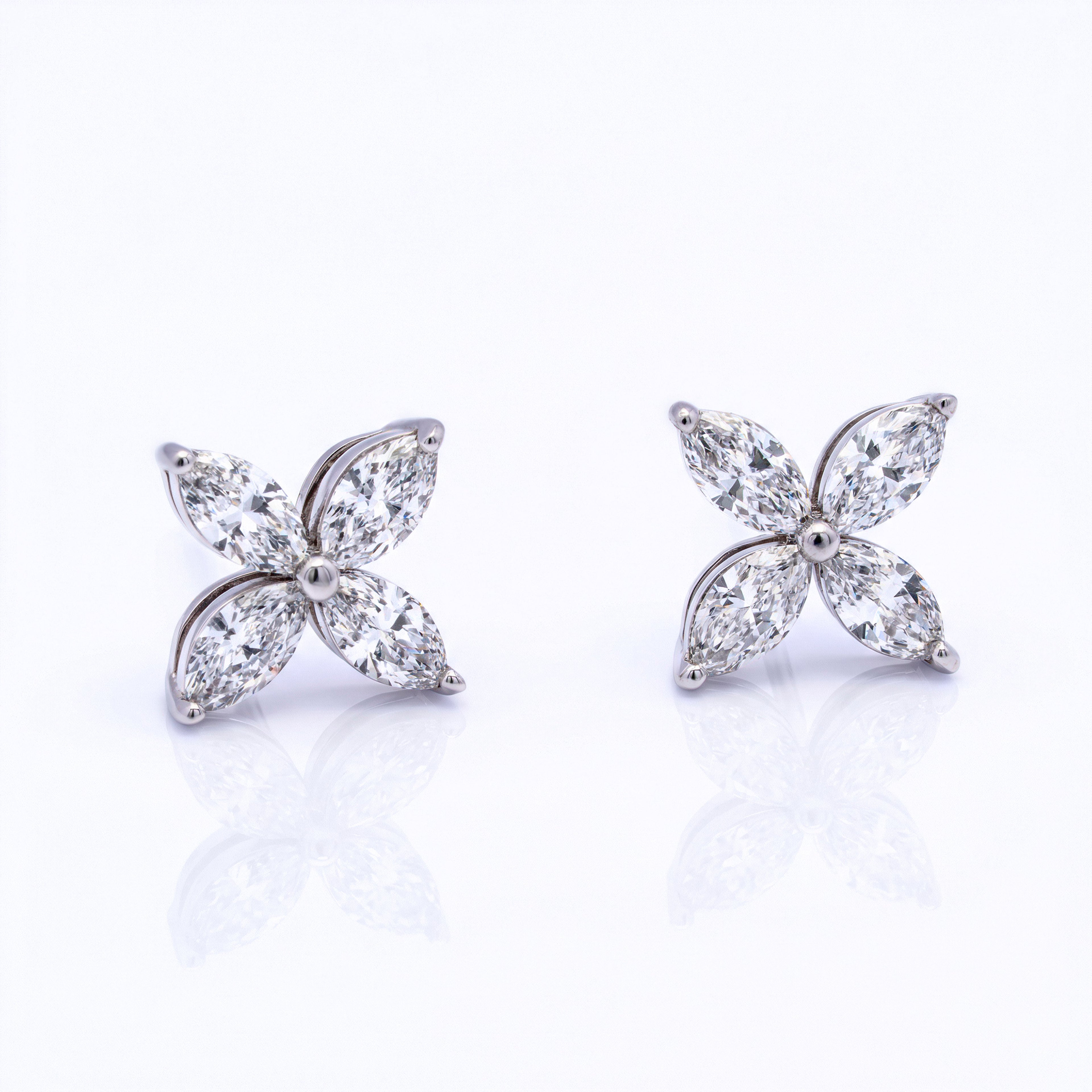 Perlore 18K White Gold Diamond Marquise Flower Cluster Stud Earrings
