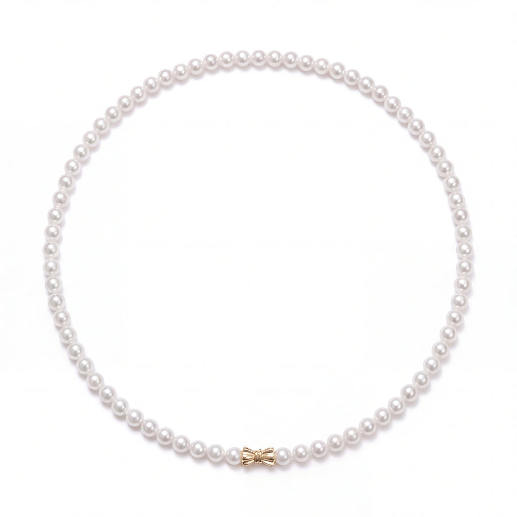 Perlore Lustrous 3-4mm AAA Freshwater Pearl Strand Necklace – 40cm Choker with 18k Yellow Gold Bowknot Box Clasp