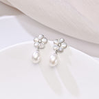 Silver Flower AAA Pearl Drop Earrings in Sterling Silver