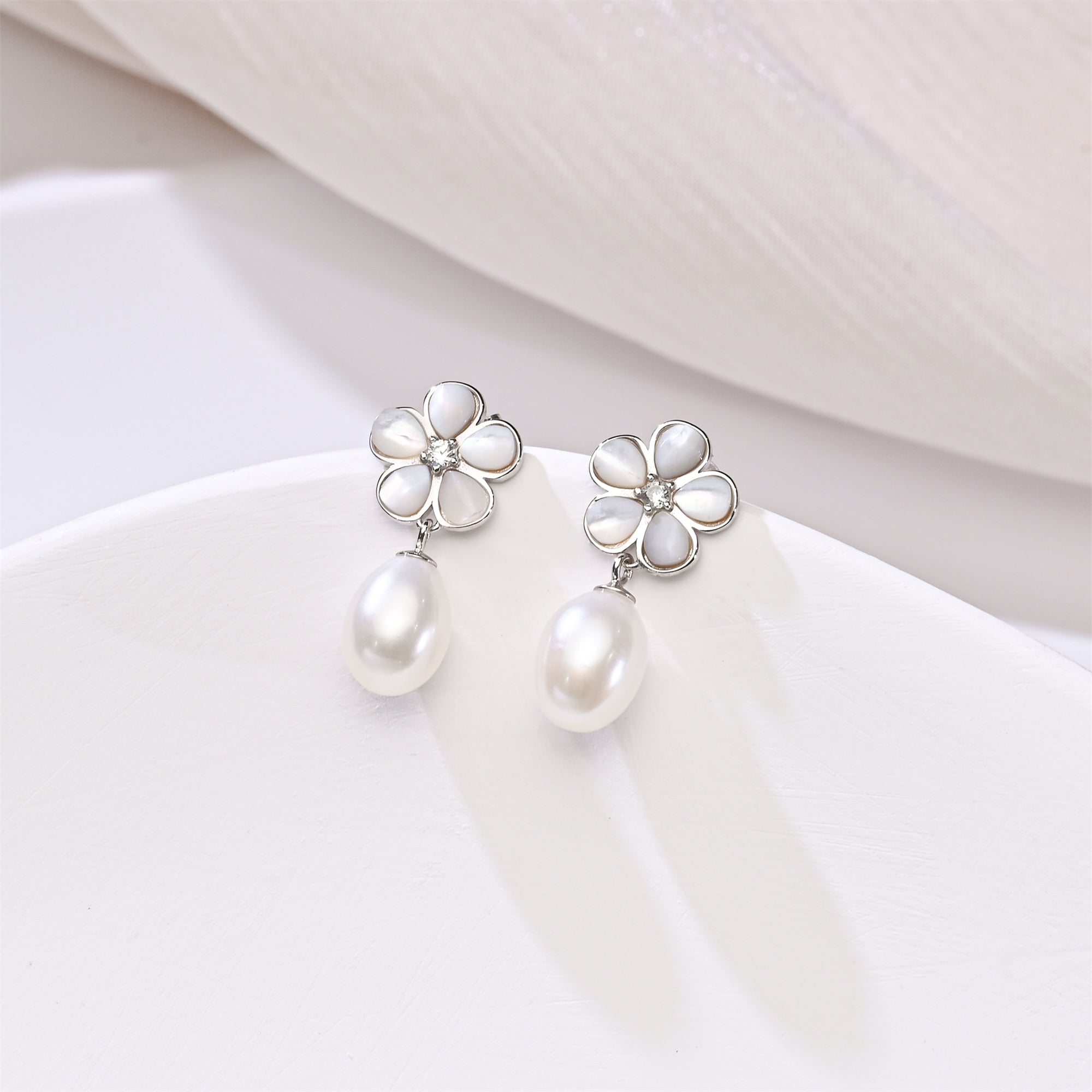 Silver Flower AAA Pearl Drop Earrings in Sterling Silver