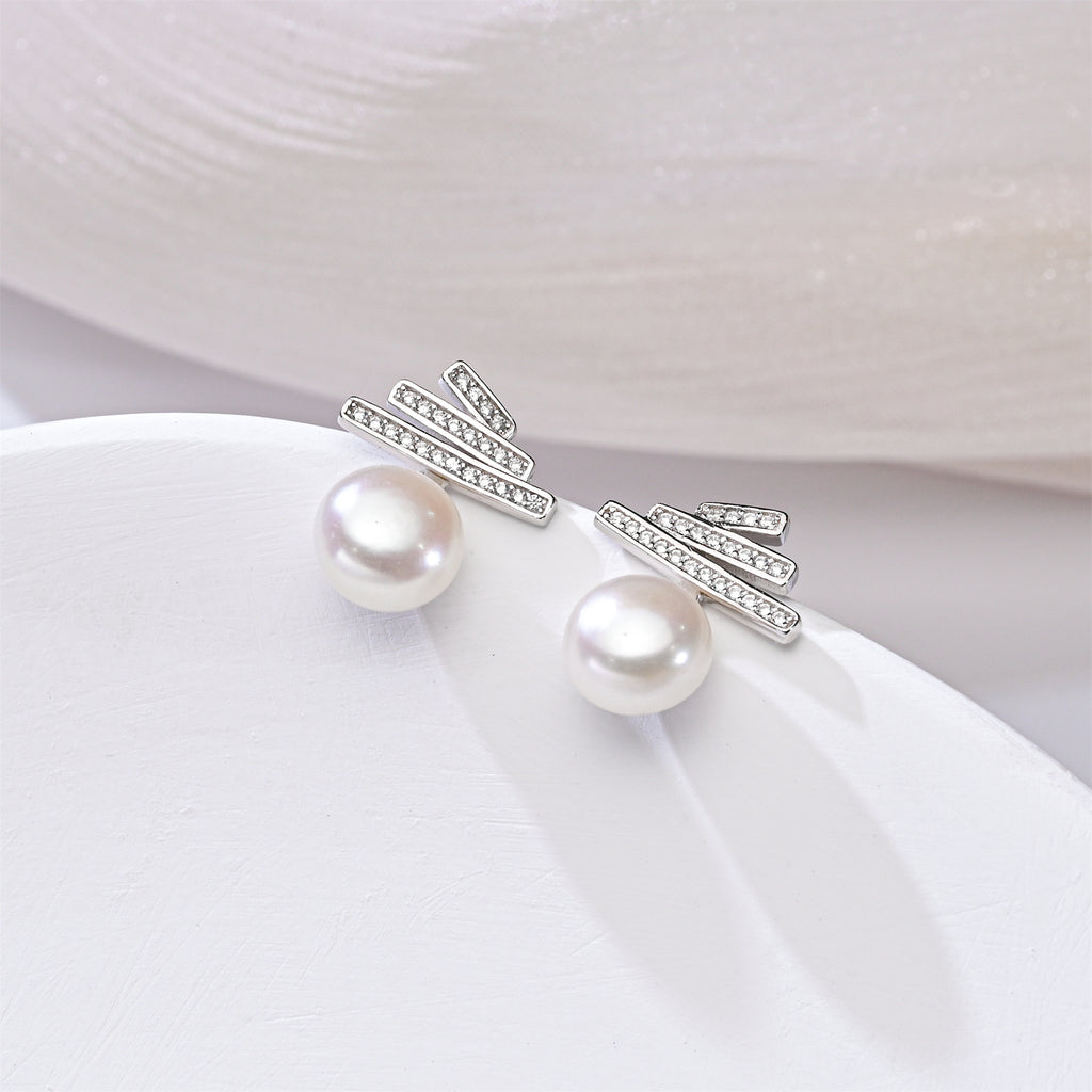 Modern Geometric Ribbon Pearl Earrings
