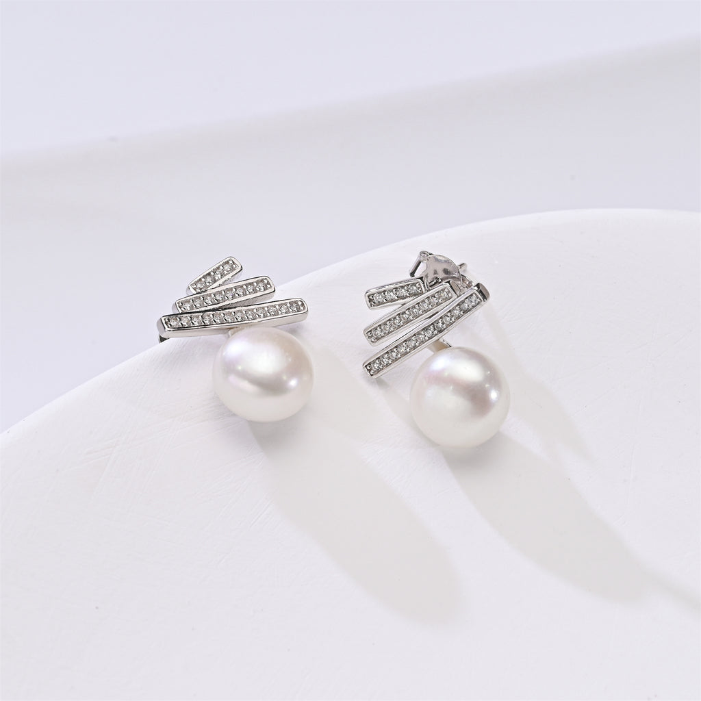Modern Geometric Ribbon Pearl Earrings