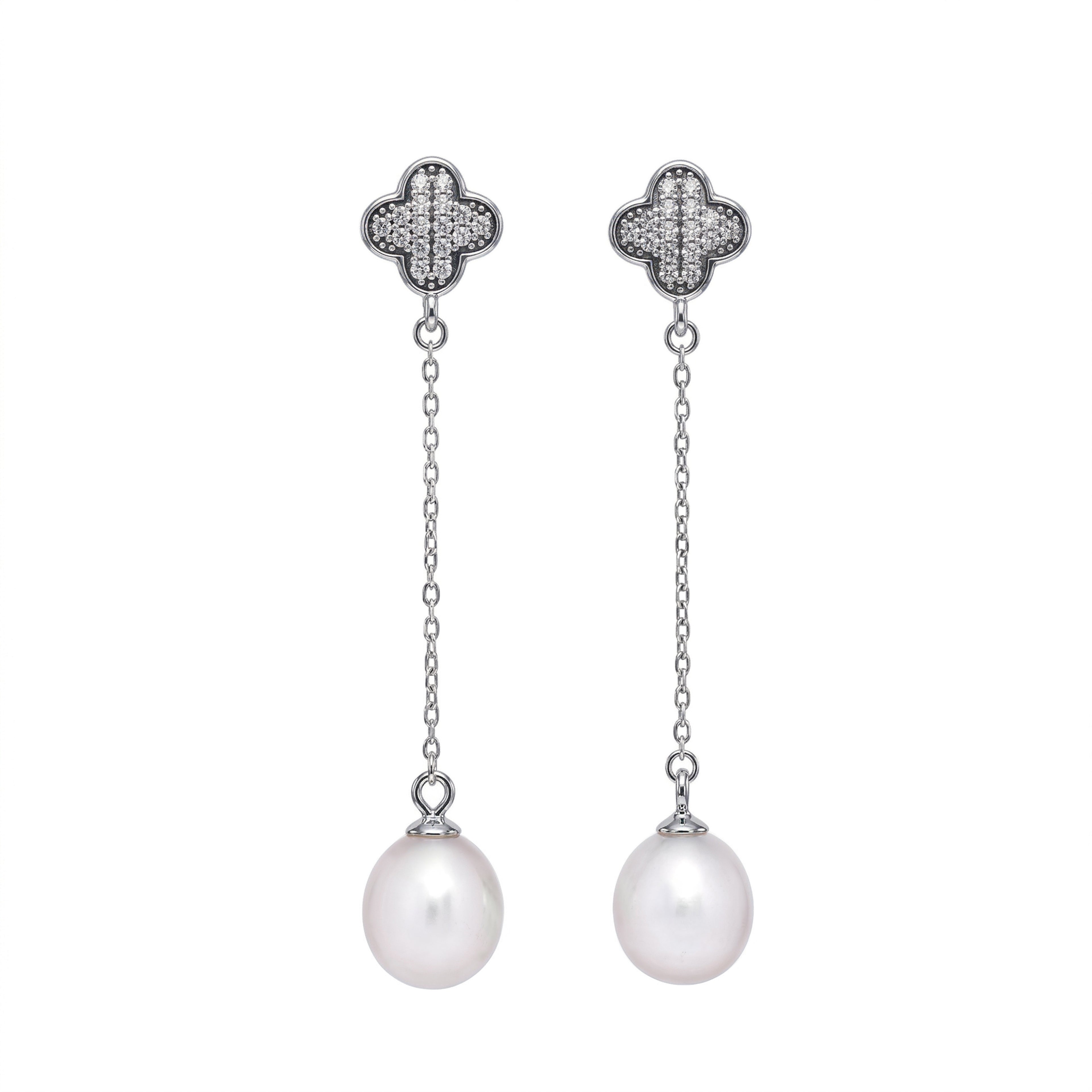 Perlore AAA Clover Pavé Long Drop Pearl Earrings