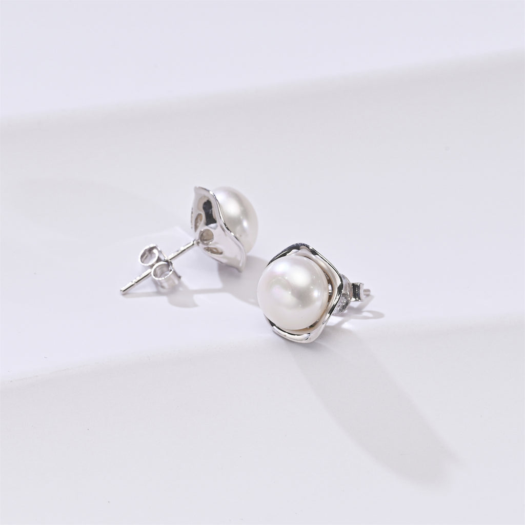 Perlore Freshwater Tulip Studs Button Pearl in Sterling Silver