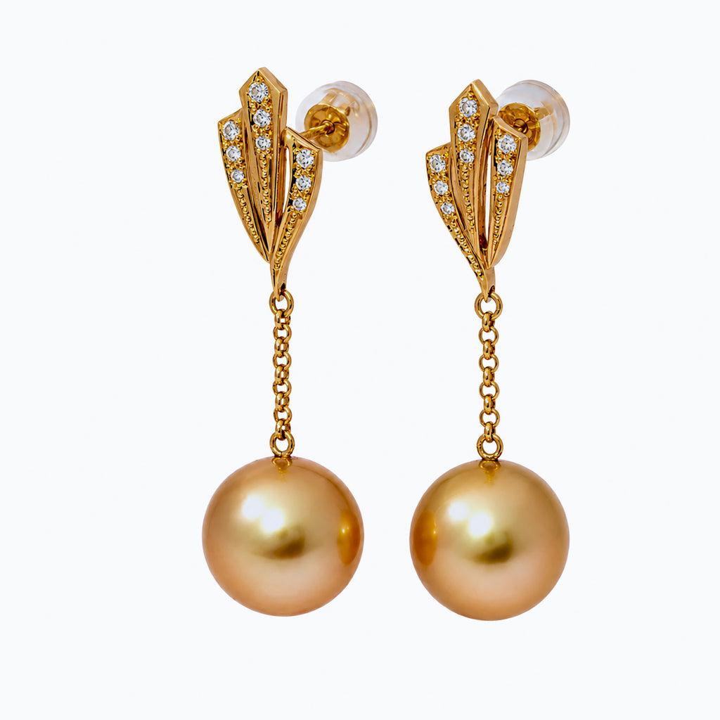 Perlore 18K Gold Duamond Art Deco Golden South Sea Pearl Drops