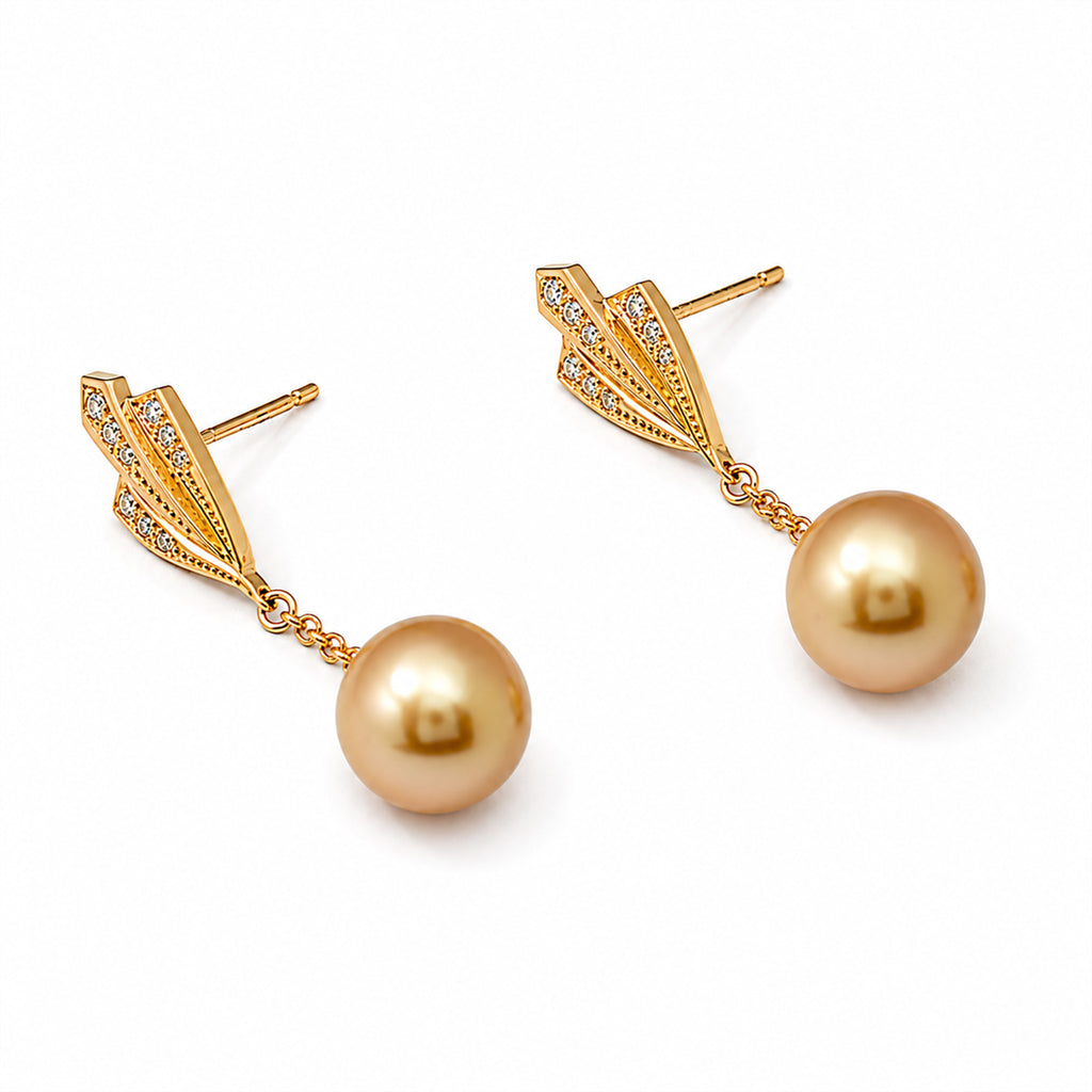 Perlore 18K Gold Duamond Art Deco Golden South Sea Pearl Drops