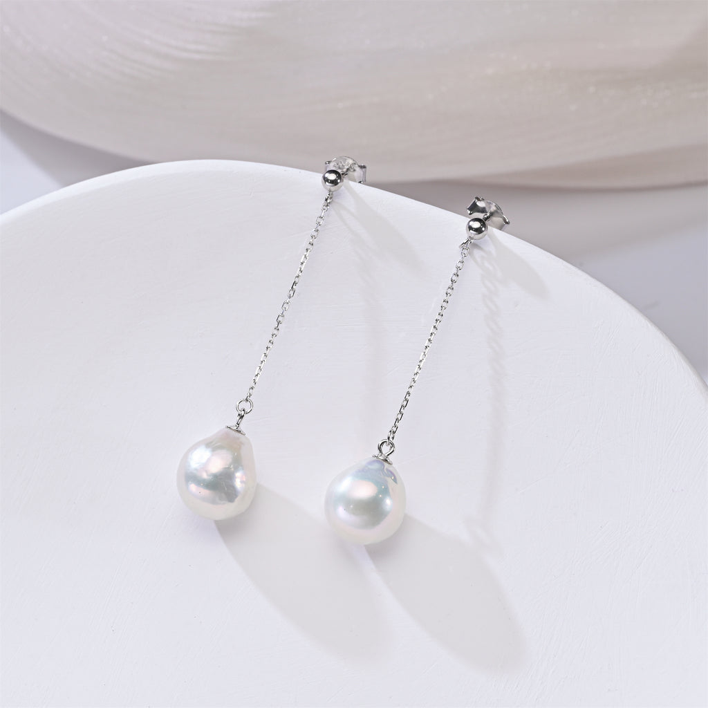 Perlore Minimalist Muse Freshwater Baroque Pearl Chain Drops Earrings