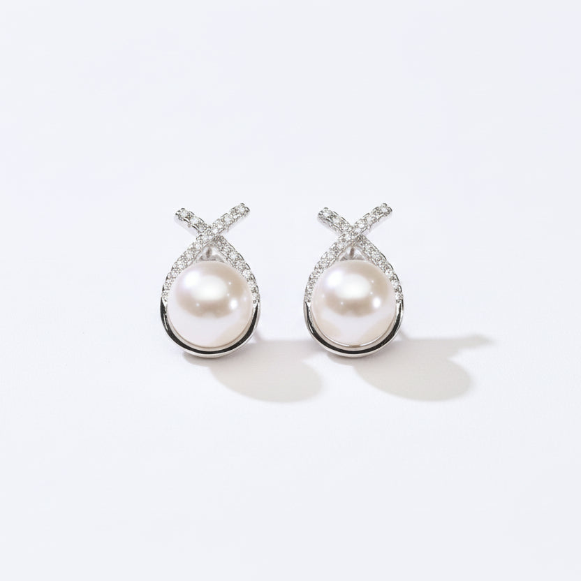 Perlore Sterling Silver Celestial Criss-Cross Freshwater Pearl Stud Earrings