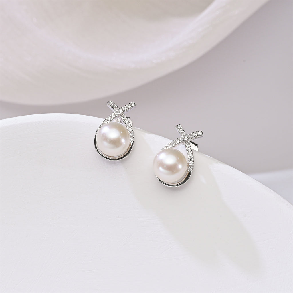 Perlore Sterling Silver Celestial Criss-Cross Freshwater Pearl Stud Earrings