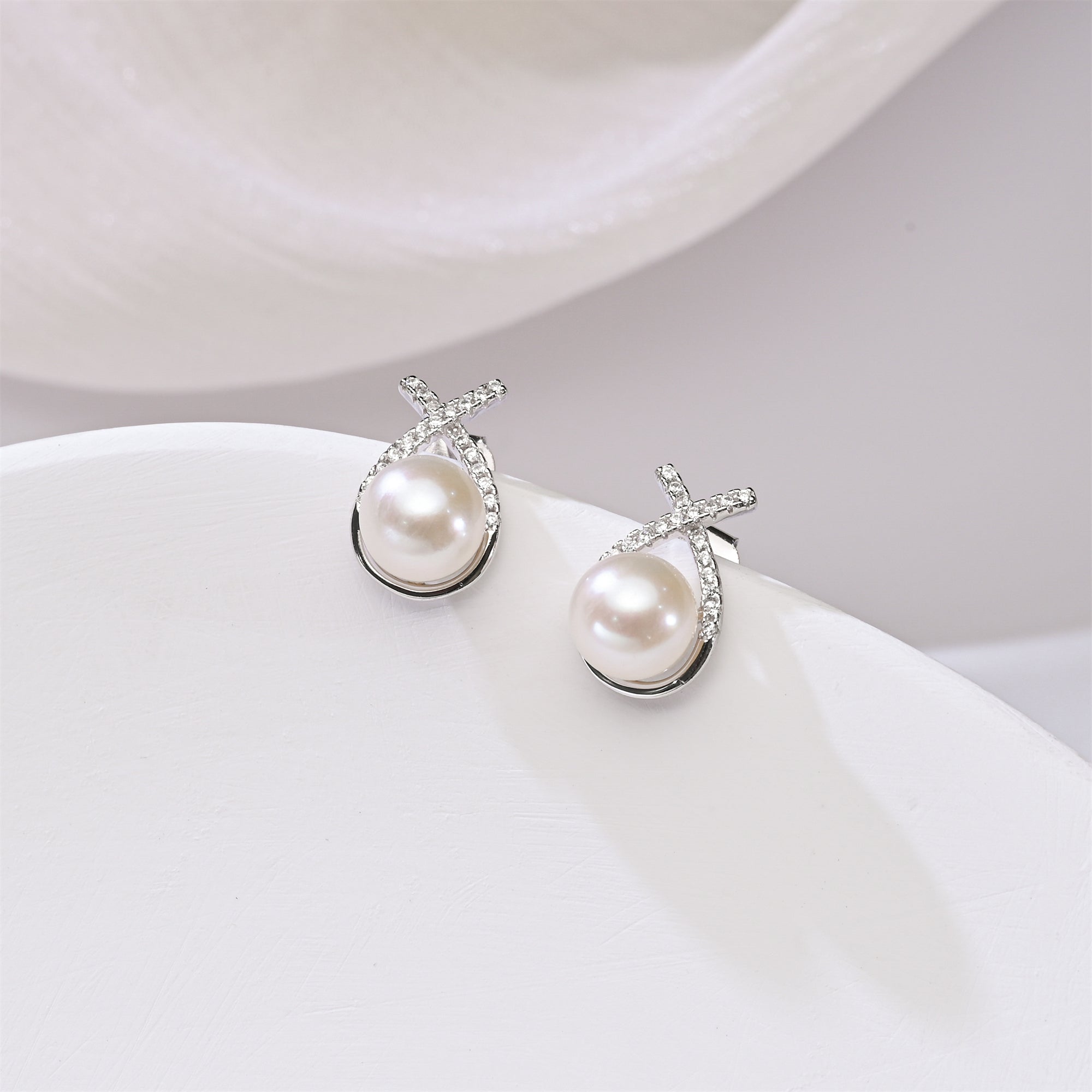 Perlore Sterling Silver Celestial Criss-Cross Freshwater Pearl Stud Earrings