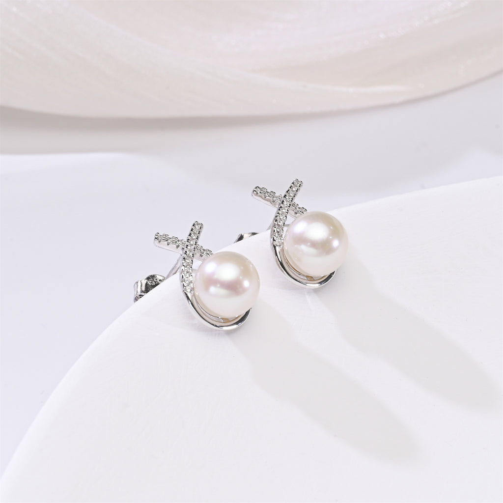 Perlore Sterling Silver Celestial Criss-Cross Freshwater Pearl Stud Earrings