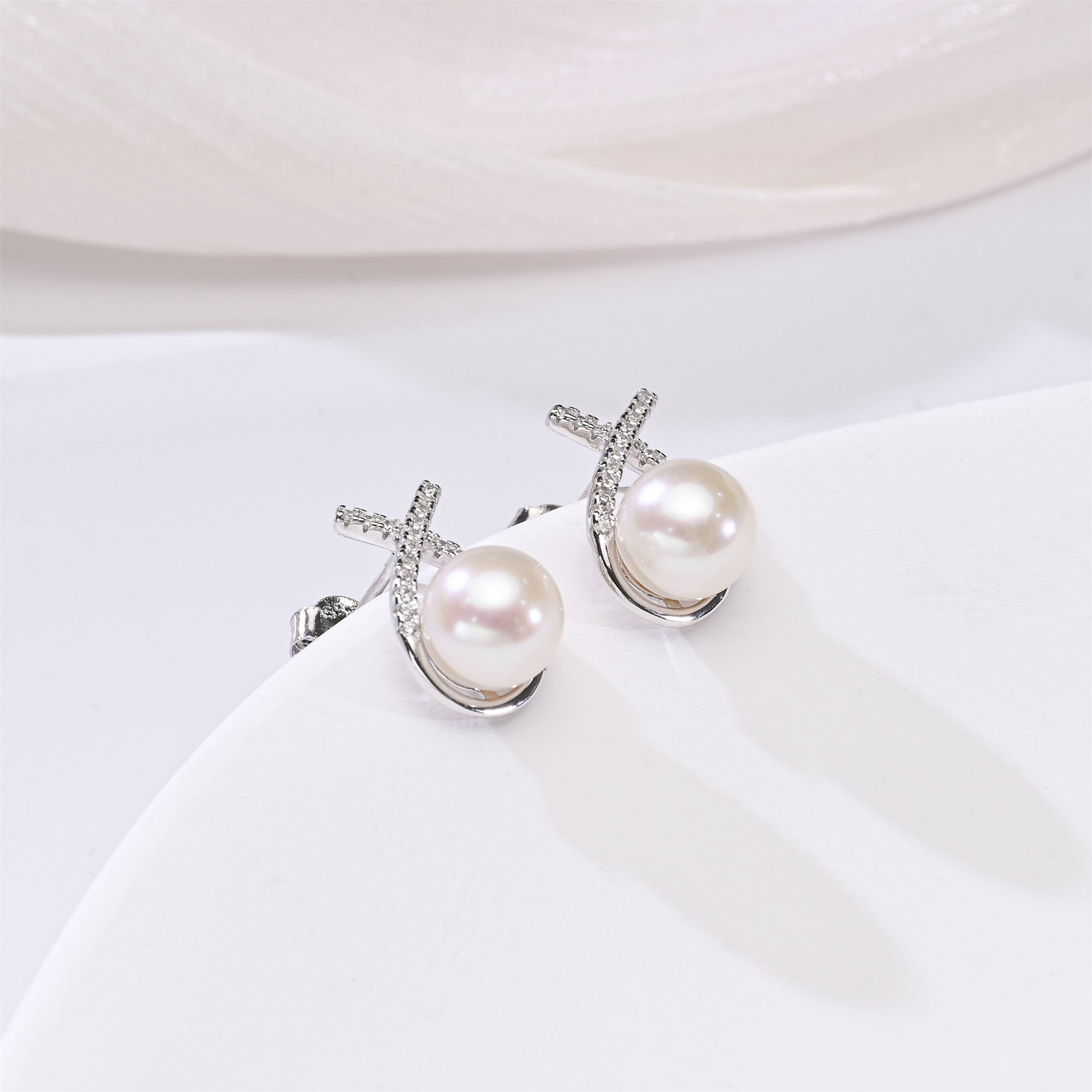 Perlore Sterling Silver Celestial Criss-Cross Freshwater Pearl Stud Earrings