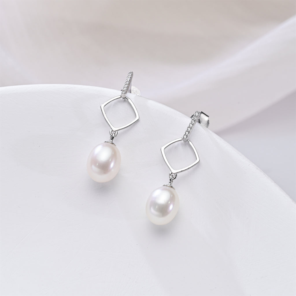 Perlore Geometric Square AAA Freshwater Pearl Drops Earrings