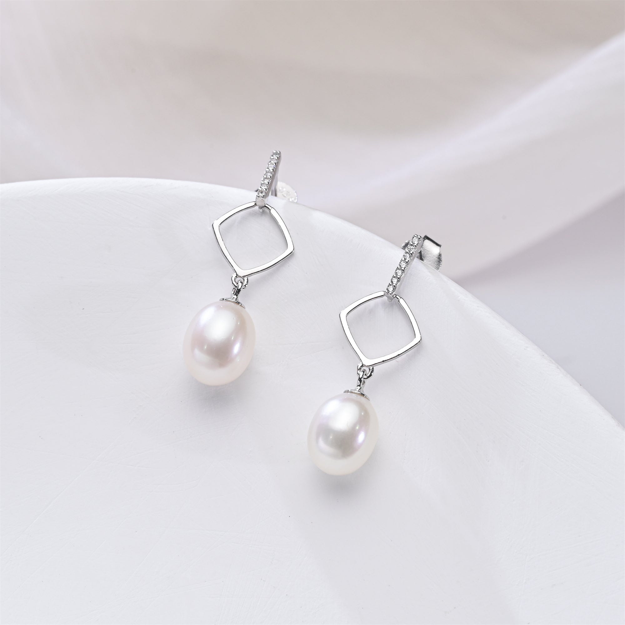Perlore Geometric Square AAA Freshwater Pearl Drops Earrings