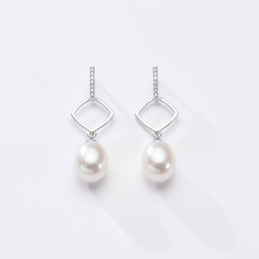 Perlore Geometric Square AAA Freshwater Pearl Drops Earrings