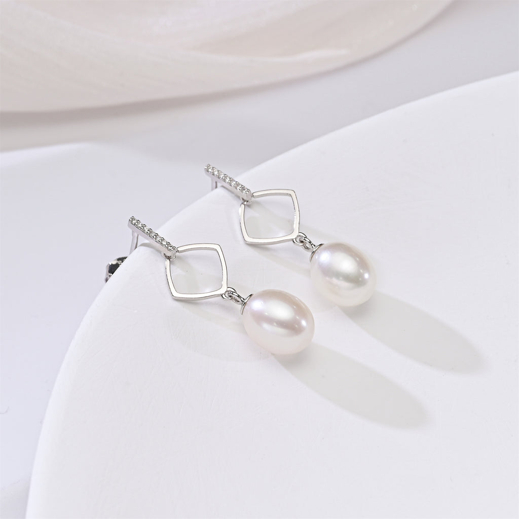 Perlore Geometric Square AAA Freshwater Pearl Drops Earrings