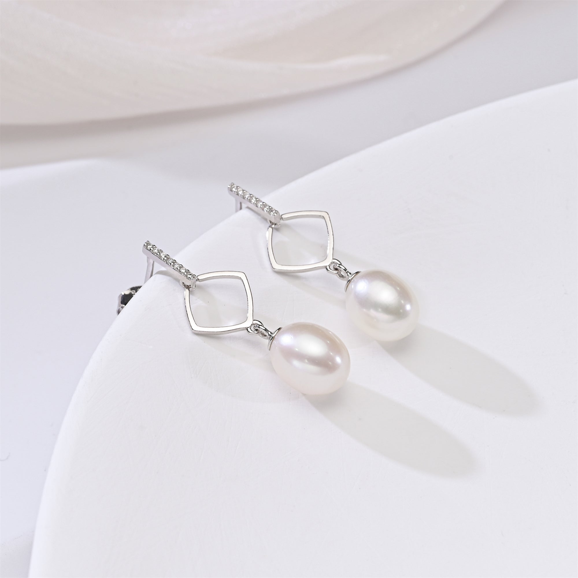 Perlore Geometric Square AAA Freshwater Pearl Drops Earrings