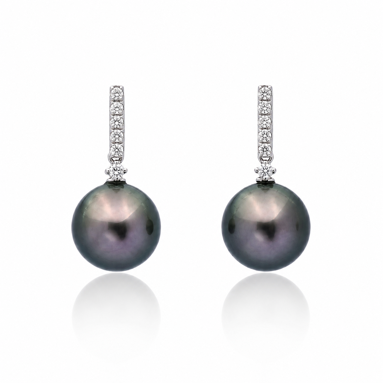 18K White Gold Tahitian South Sea Pearl Dangling Diamond Earrings