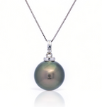 Perlore Estate Large 13.7mm Round Tahitian Pearl & Diamond Pendant in 18K White Gold – Guild Noble Grade