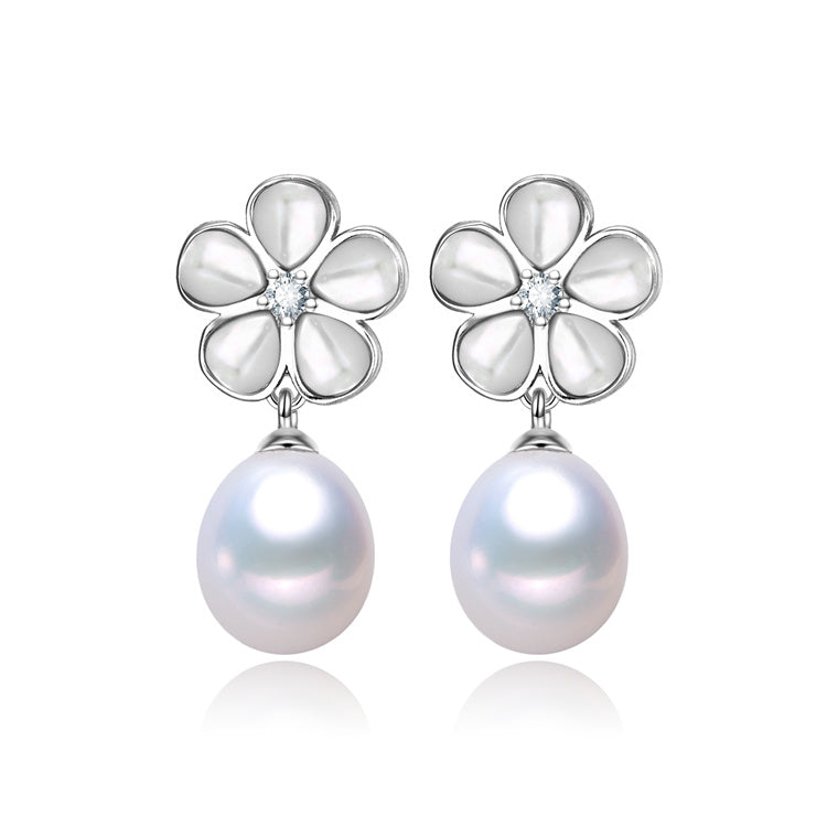 Silver Flower AAA Pearl Drop Earrings in Sterling Silver
