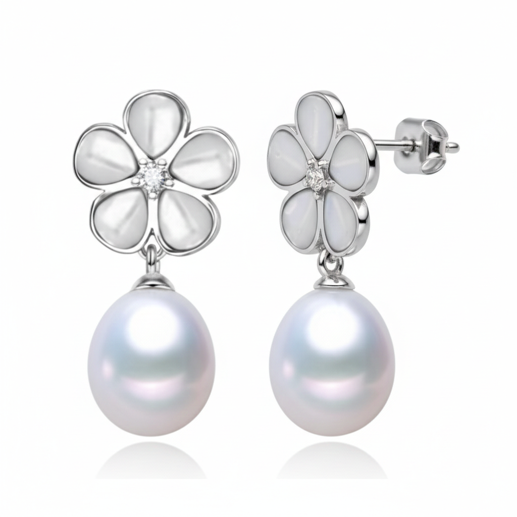 Silver Flower AAA Pearl Drop Earrings in Sterling Silver
