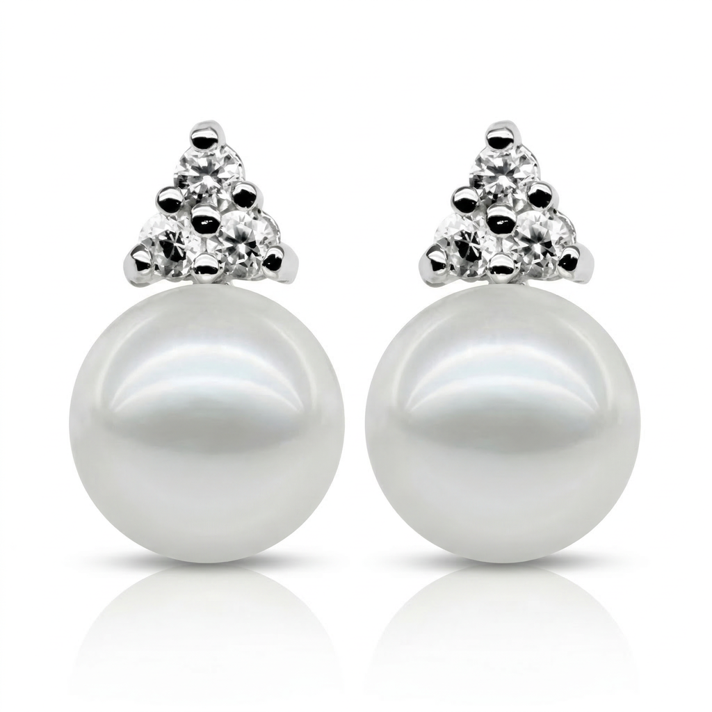 Perlore AAA Button Pearl Studs with Stone Cluster