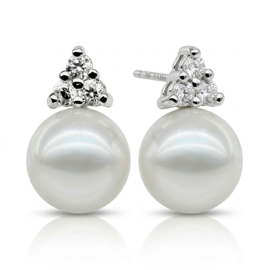 Perlore AAA Button Pearl Studs with Stone Cluster