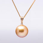 Perlore 18K Yellow Gold Diamond 13mm Fancy Golden South Sea Pearl Pendant Necklace