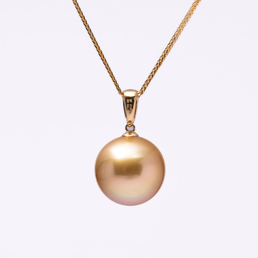 Perlore 18K Yellow Gold Diamond 13mm Fancy Golden South Sea Pearl Pendant Necklace