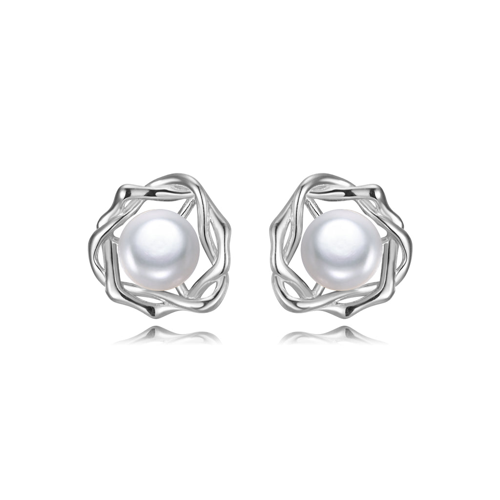 Twisted Wreath Pearl Studs in Sterling Silver