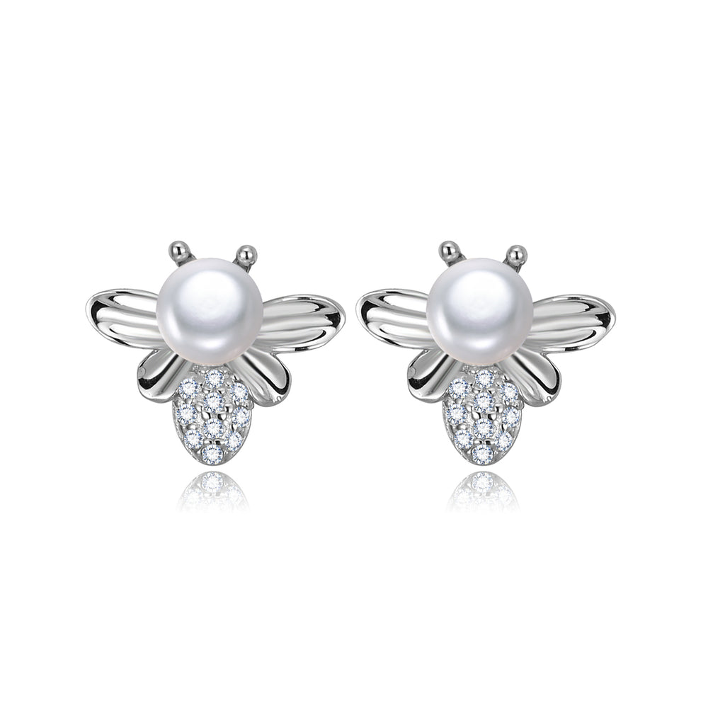 Perlore Sterling Silver Freshwater Button Pearl Bee Studs
