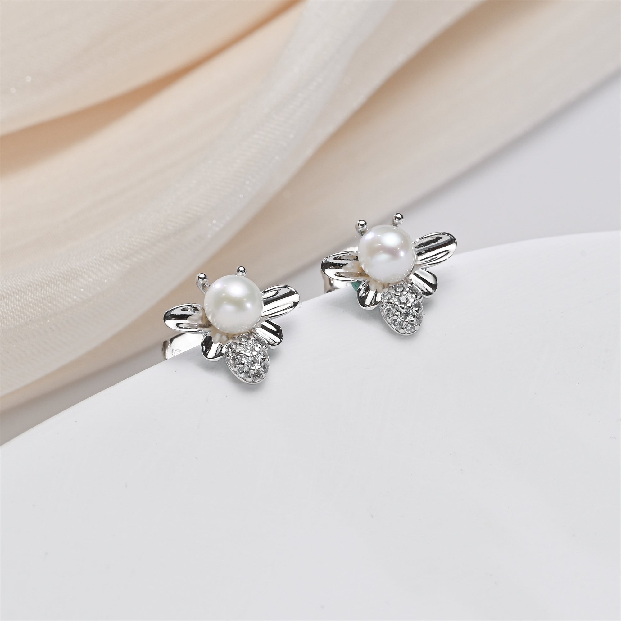 Perlore Sterling Silver Freshwater Button Pearl Bee Studs
