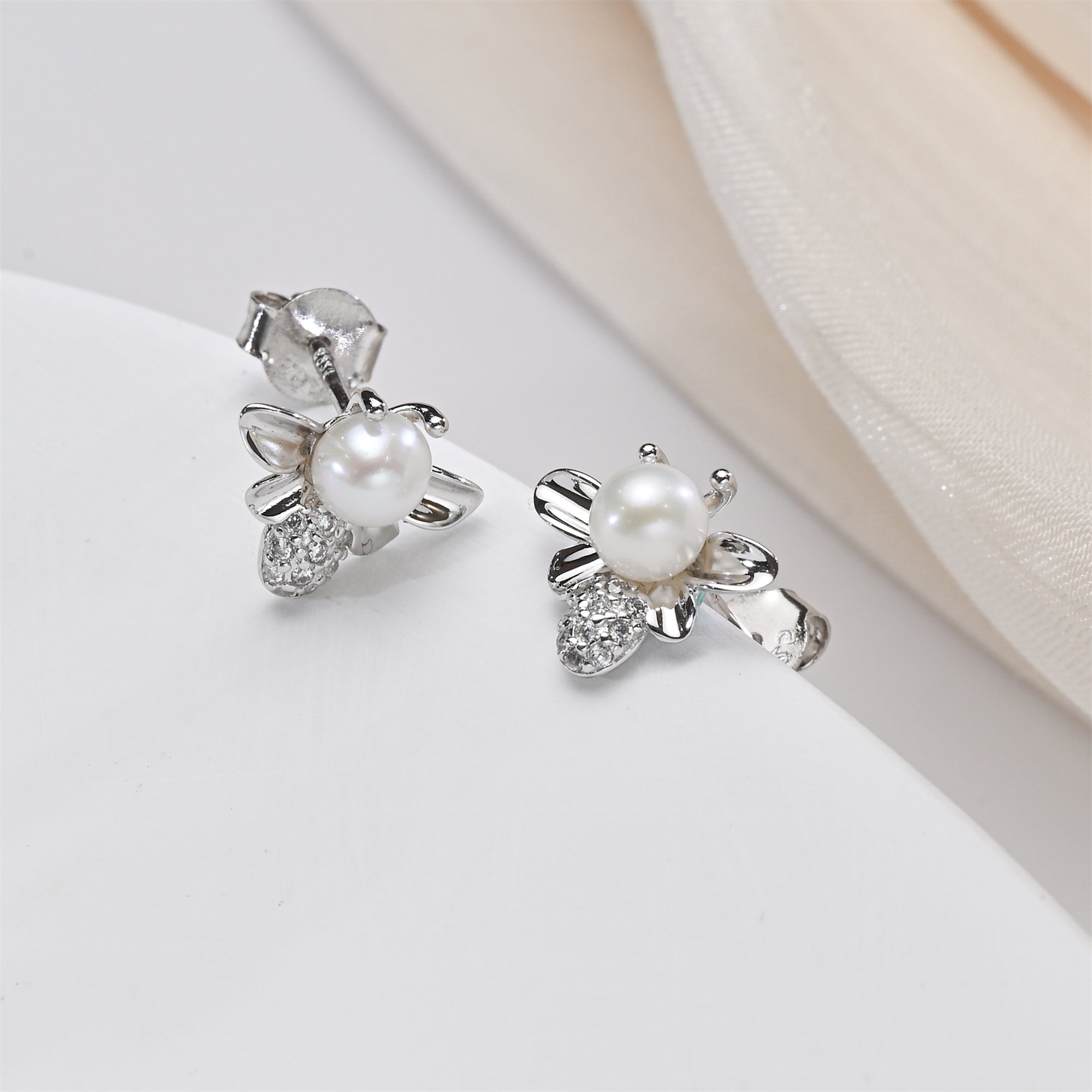 Perlore Sterling Silver Freshwater Button Pearl Bee Studs