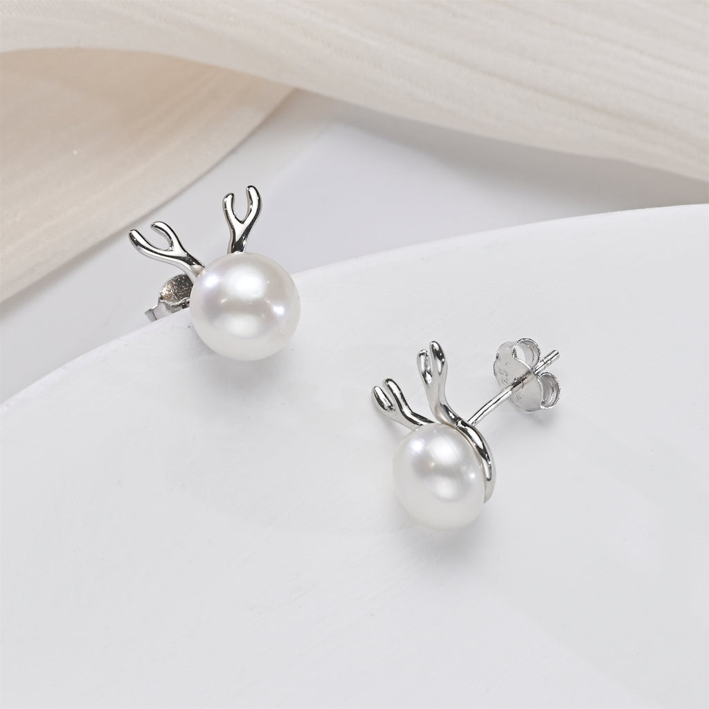 Sterling Silver Deer Antler Pearl Earrings