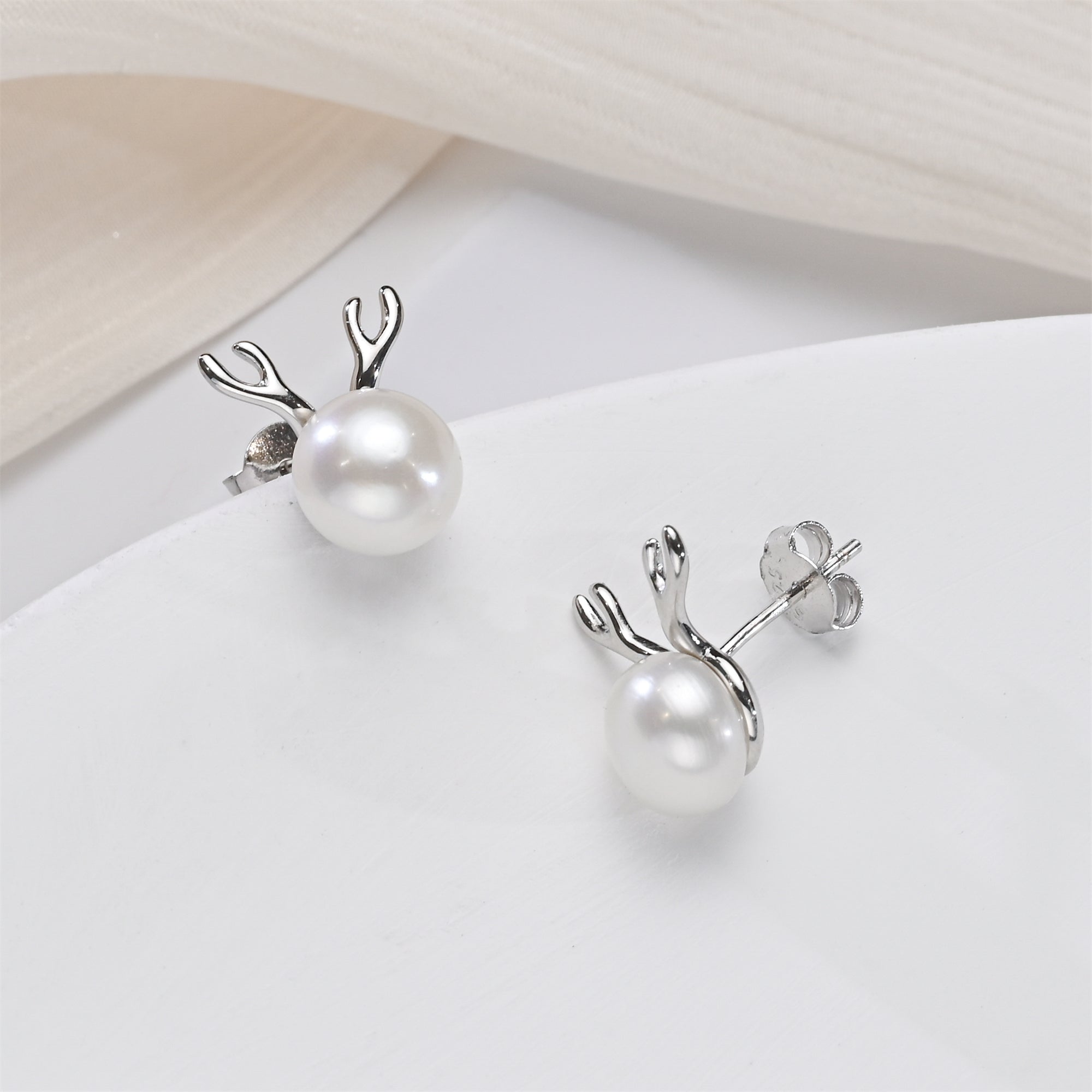 Sterling Silver Deer Antler Pearl Earrings