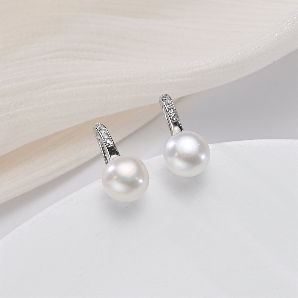 Classic Ribbon Pearl Button Earrings in Sterling Silver
