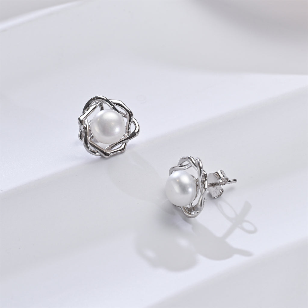 Twisted Wreath Pearl Studs in Sterling Silver