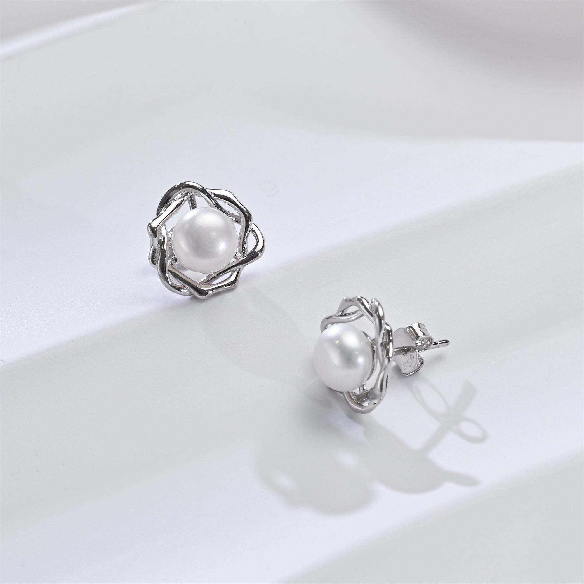 Twisted Wreath Pearl Studs in Sterling Silver