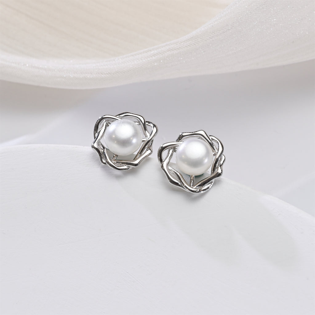 Twisted Wreath Pearl Studs in Sterling Silver