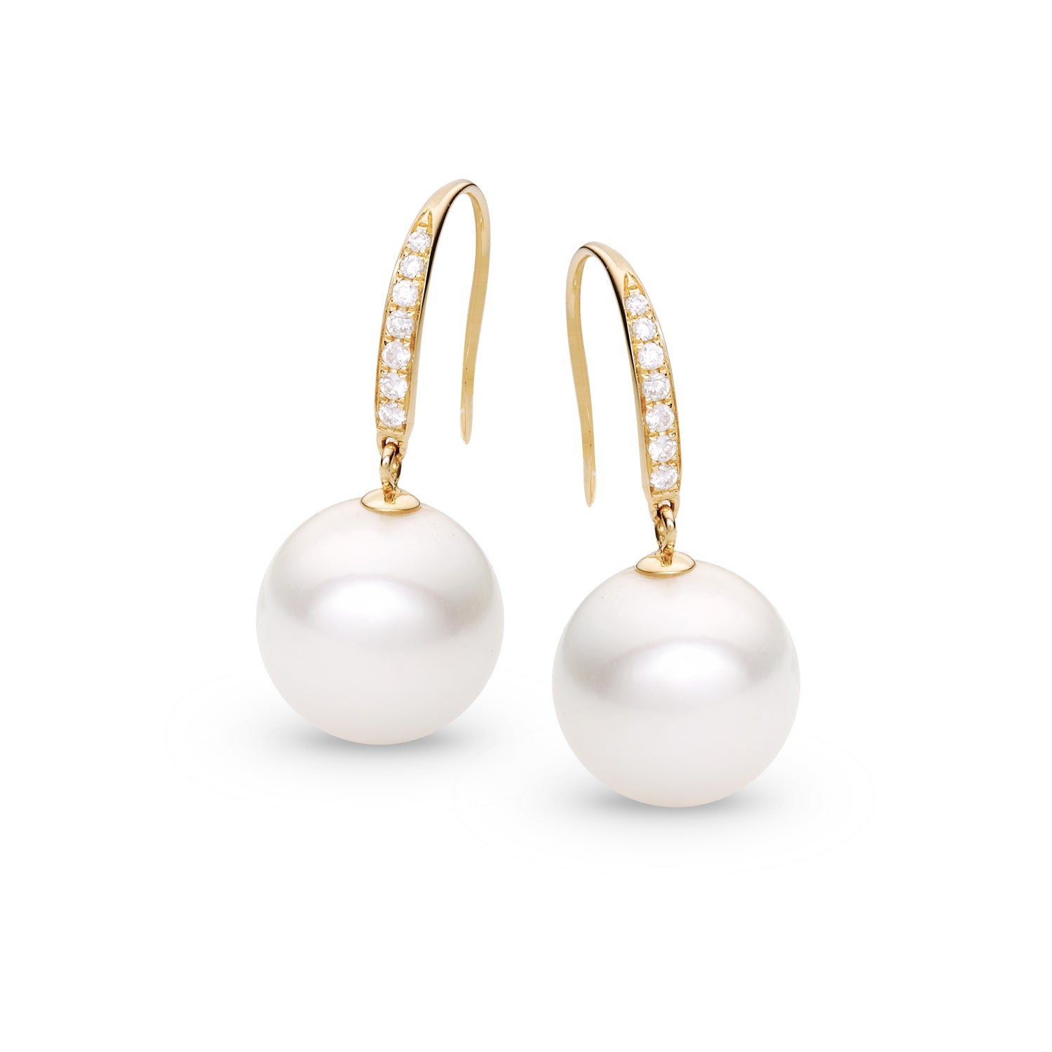 18K Yellow Gold Diamond & Round Pearl Drop Earrings