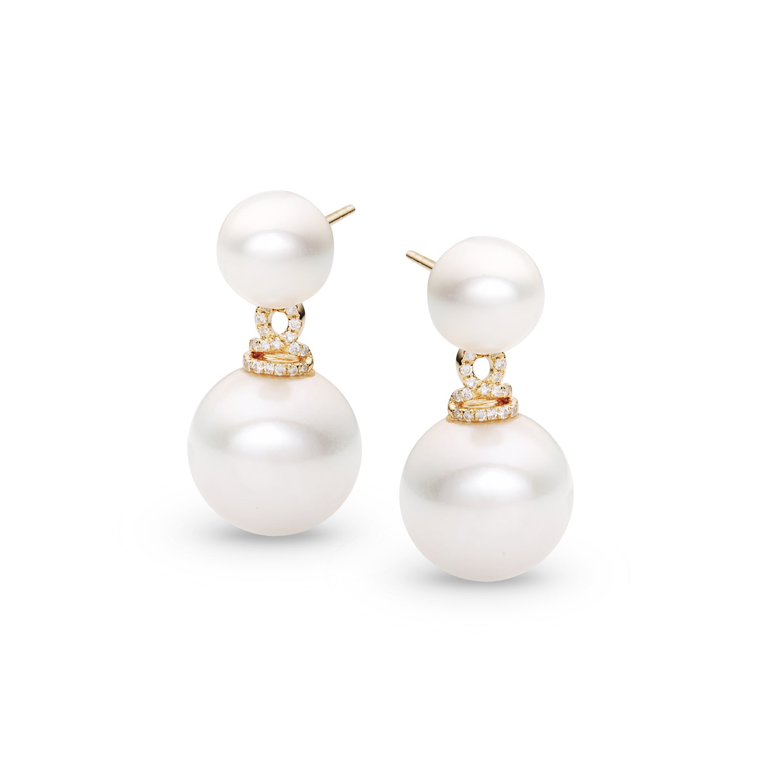 18K Yellow Gold Double Pearl Drop Earrings with Diamonds
