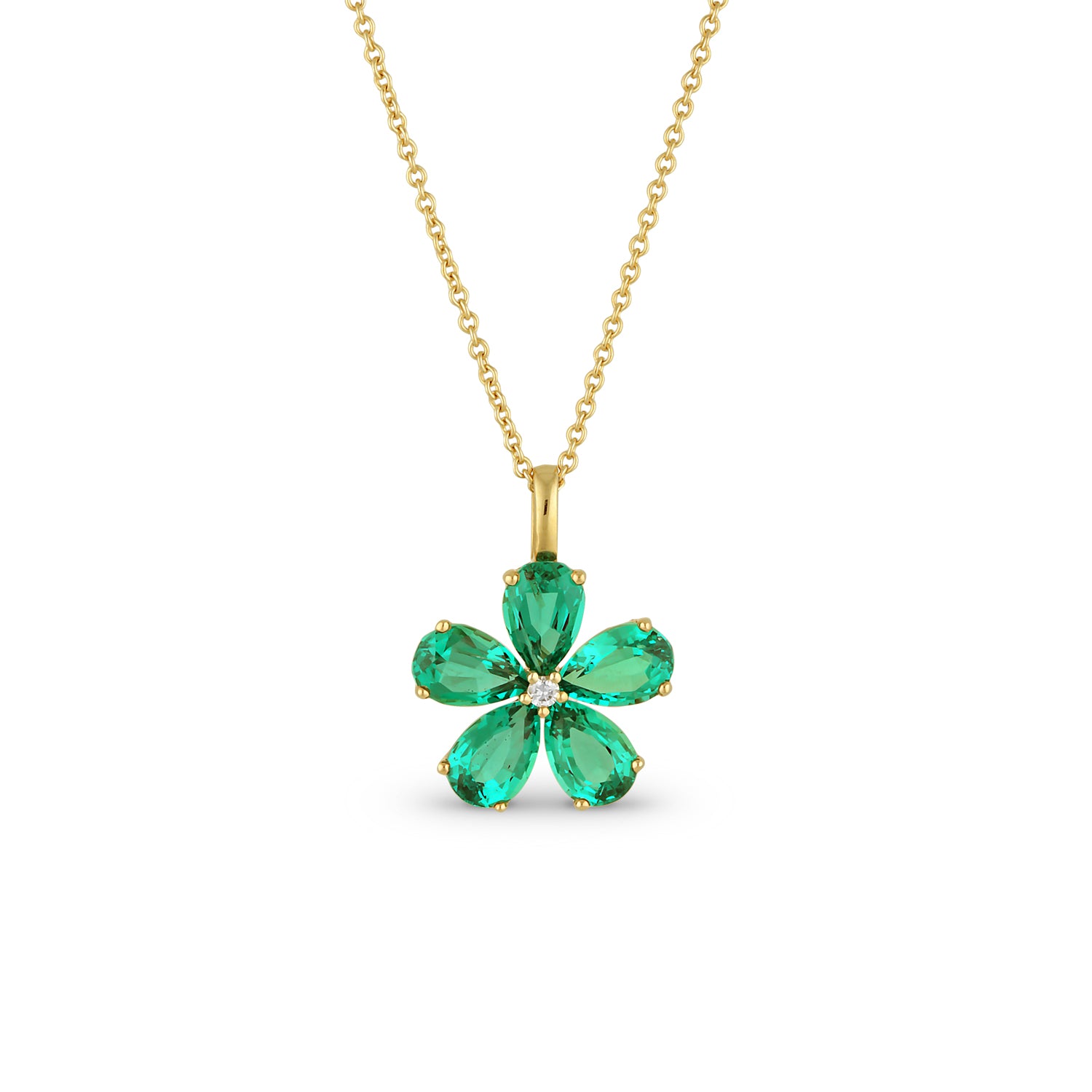 10K Yellow Gold Emerald Diamond Petal Flower Necklace